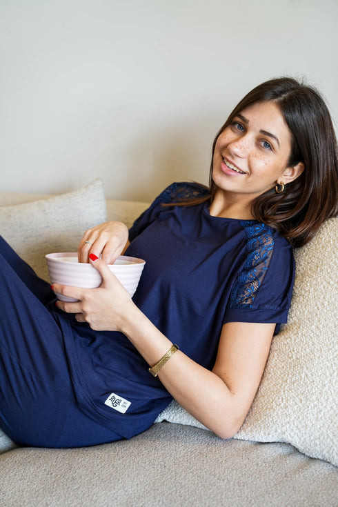 Women summer pajama set Dark Blue Lace shirt + Pants